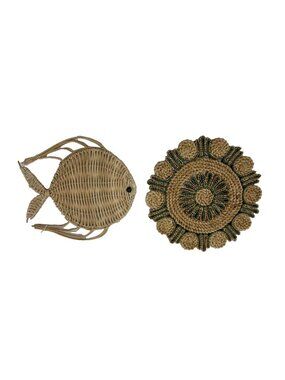 Vintage Wicker Straw Trivets Fish & Round Hot Pads Pot Mats Lot of 2 Boho Beach
